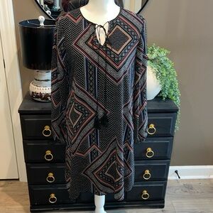 STYLE LONDON Black Print Keyhole Long Sleeve Shift Dress Size Large